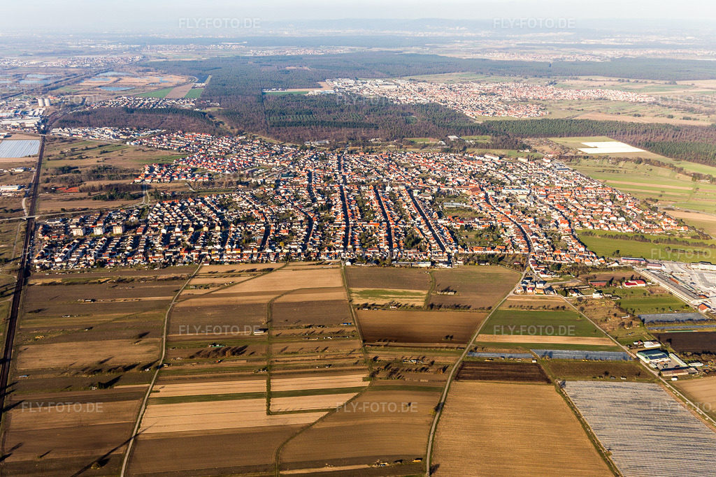 Luftbild: Ortsansicht von Süden im Ortsteil Wiesental in Waghäusel im Bundesland Baden-Württemberg in Deutschland. Foto: IMG_097325.jpg vom 10.03.2017 durch Werner Riehm/FLY-FOTO.de