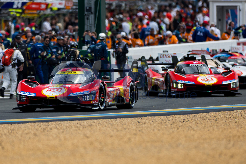 Trainproduction-20230610-2023 | LE MANS,FRANCE,10.Jun.23 - MOTORSPORTS - WEC, FIA World Endurance Championships, 24 Hours of Le Mans, Circuit de la Sarthe, race. Image shows Antonio Fuoco (ITA), Miguel Molina (ESP) and Nicklas Nielsen (DEN/Ferrari AF Corse) and Alessandro Pier Guidi (ITA), James Calado (GBR) and Antonio Giovinazzi (ITA/Ferrari AF Corse).  Photo: Trainproduction / Matthias Trinkl
