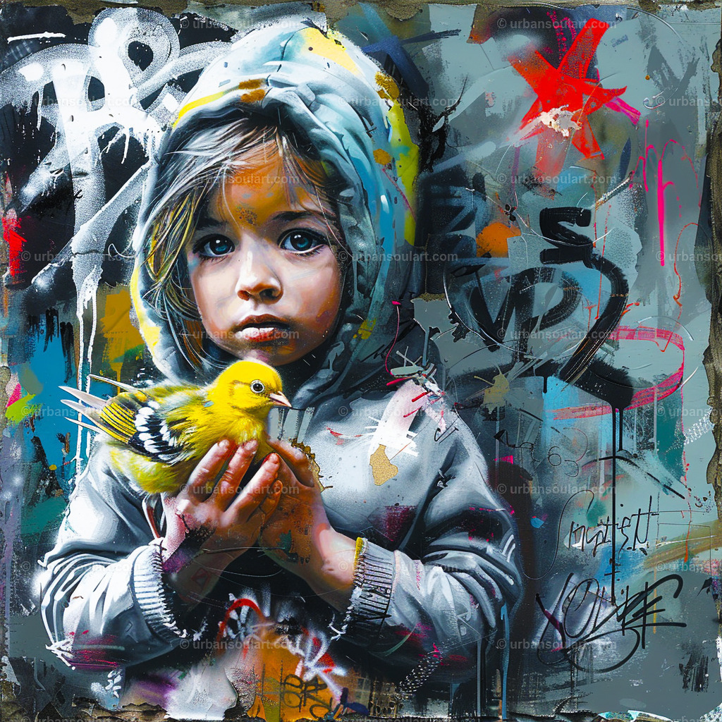 Child With Hoodie Holding  Cute Chicklet | This expressive artwork features a child in a hoodie holding a chick, set against a graffiti-inspired background. Ideal for adding an urban, youthful vibe with a touch of tenderness. - Realisiert mit Pictrs.com
