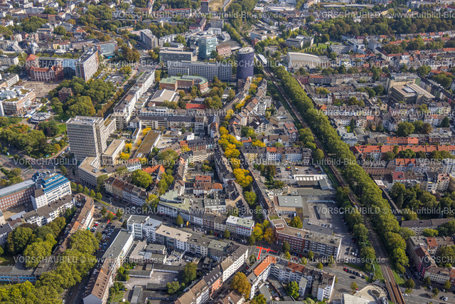 Dortmund231000808 | Luftbild, City Hohe Straße und Gutenbergstraße mit herbstlichen Bäumen, Wohnen und Leben, Landesbehördenhaus und Bürohochhaus Ellipson, City, Dortmund, Ruhrgebiet, Nordrhein-Westfalen, Deutschland
