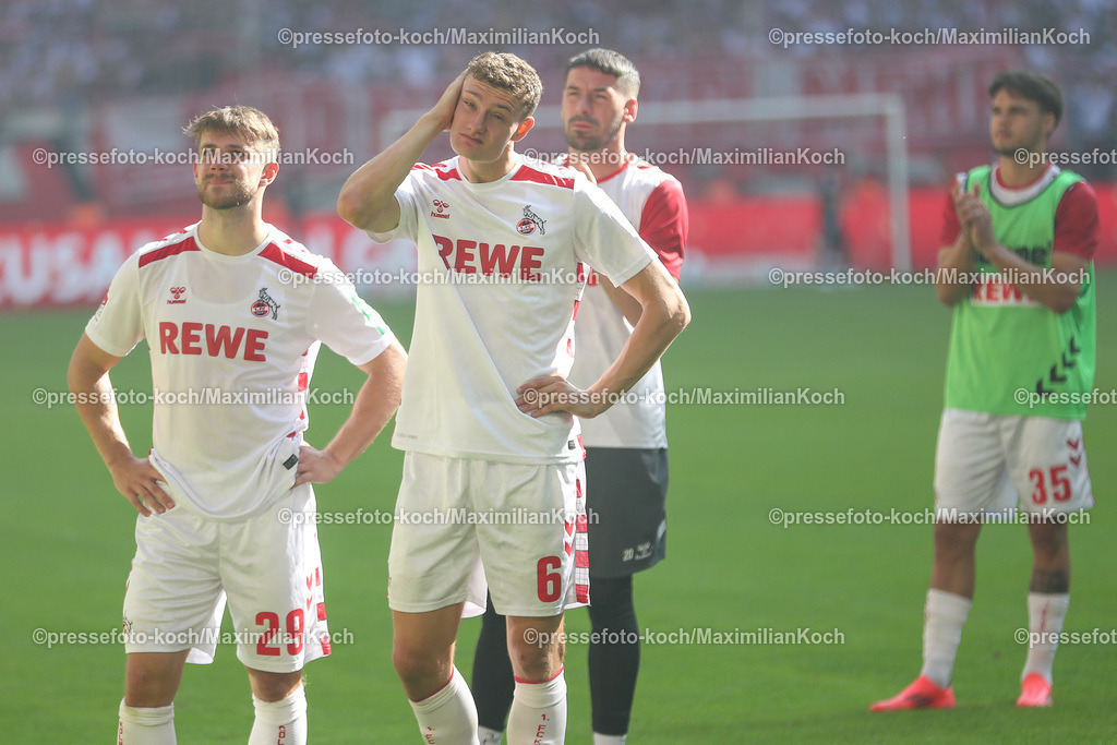 Due21092402202 | 21.09.2024, 2. Fußball Bundesliga, Fortuna Düsseldorf - 1. FC Köln, Merkur Spiel-Arena, Saison 2024 2025: Jan Thielmann (1.FC Köln #29) Eric Martel (1.FC Köln #6) Torwart Philipp Pentke (1.FC Köln #20) Max Finkgräfe (1.FC Köln #35)DFB regulations prohibit any use of photographs as image sequences and or quasi-video.