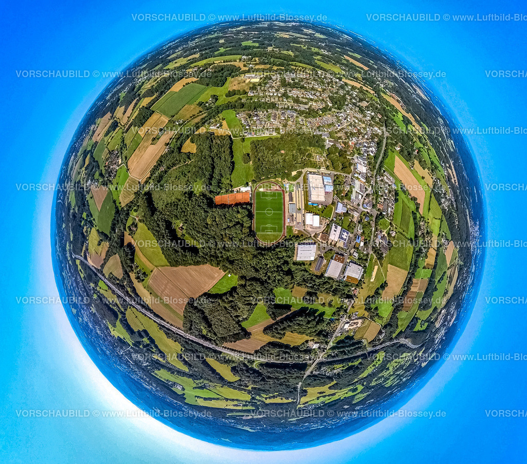 Gevelsberg240890839Silschede_Waldstadion | Luftbild, Wohngebiet und Wohnsiedlung Ortsteil Silschede umgeben von Wiesen und Feldern mit Waldgebiet, Fußballstadion Waldstadion des FC Schwarz Weiß Silschede 1926 e.V. Fußballverein, Erdkugel, Fisheye Aufnahme, Fischaugen Aufnahme, 360 Grad Aufnahme, tiny world, little planet, fisheye Bild, Silschede, Gevelsberg, Ruhrgebiet, Nordrhein-Westfalen, Deutschland