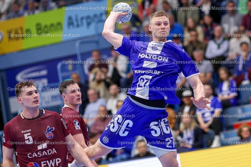 Gum25042501063 | 25.04.2025, Handball, HBL, VfL Gummersbach - 1. VfL Potsdam, Schwalbe-Arena: Kristjan Horzen (GUM #27) wirft den Ball auf das Tor