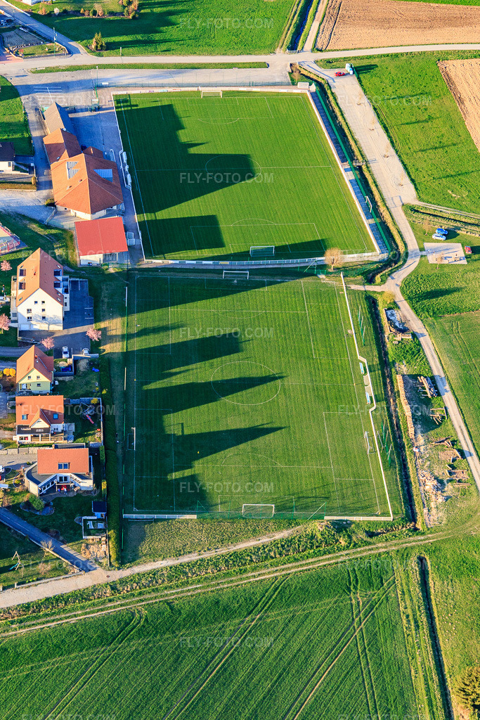 Aerial view: Stade Municipal - US Oberlauterbach Eberbach in Oberlauterbach in the state Bas-Rhin, France. – Photo: IMG_097848.jpg taken on 03/27/2017 by Werner Riehm/FLY-FOTO.com – Resolution of the original: 3444 x 5166 px
