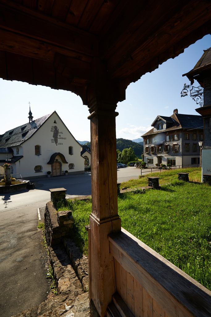Blick aus dem Tanzhaus | Schwarzenberg, Austria - August 04, 2014: Blick aus dem Tanzhaus auf die Kirche. - Realisiert mit Pictrs.com