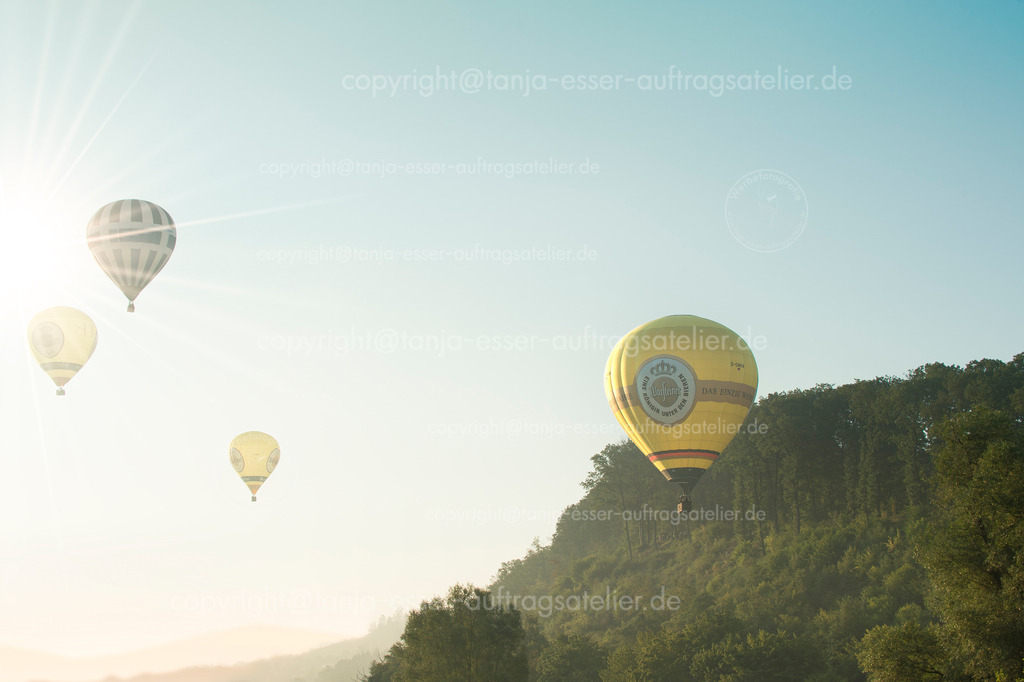 Sonne scheint durch den Frühnebel beim Start der Heißluftballons in Oeventrop. | Start der Heißluftballone in Oeventrop/Arnsberg im Morgennebel. Die Warsteiner Internationale Montgolfiade ist der Veranstalter.