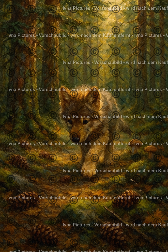 Der Ruf des Waldes | Ein junger Wolf durchstreift den stillen, von Sonnenstrahlen durchfluteten Wald. Zwischen Tannenzapfen und Moos beginnt seine Reise – ein leiser Anfang voller Neugier, Instinkt und dem Versprechen der Freiheit. - Realisiert mit Pictrs.com