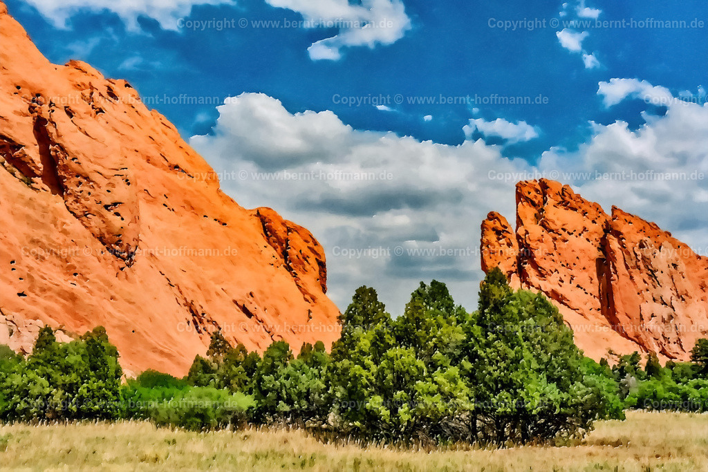 PAD2_FD_Gods-Garden-01_180x120 | DIGITALKUNST. Garten der Götter. __ " Garden of the Gods State Park " ist ein öffentlicher Park nahe der Stadt Colorado Springs im Bundesstaat Colorado in den USA. Die roten Sandstein-Formationen sind über 60 Millionen Jahre alt. __ Das Basisfoto für dieses malerisch verwandelte Werk hat der Wahl-Amerikaner Frank Döpke gemacht und es Bernt Hoffmann für dessen Kunstpart zur Verfügung gestellt. __ Seitenverhältnis = 3 zu 2 - Realisiert mit Pictrs.com