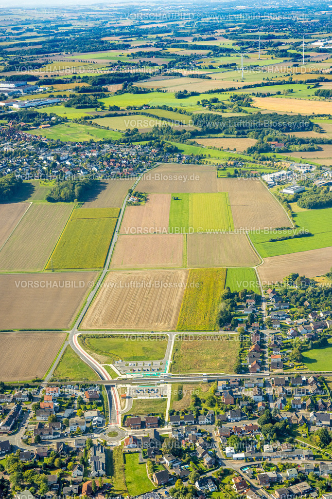 Hamm250900449 | Luftbild, geplanter Haltepunkt in Westtünnen, Baustelle am Südfeldweg und Von-Thünen-Straße für den künftigen Bahnhaltepunkt, Wiesen und Felder am Südfeldweg, Stadtbezirk Rhynern, Hamm, Ruhrgebiet, Nordrhein-Westfalen, Deutschland