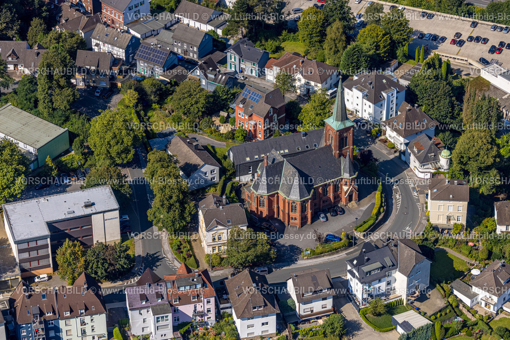 Ennepetal240814220 | Luftbild, evang. Kirche Milspe im Wohngebiet Kirchstraße, Milspe, Ennepetal, Ruhrgebiet, Nordrhein-Westfalen, Deutschland