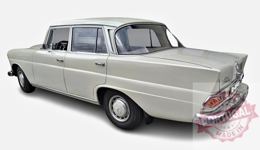 White Mercedes-Benz W110 Heckflosse vintage classic luxury sedan | White Mercedes-Benz W110 Heckflosse classic car on a plain background, representing vintage design - Realisiert mit Pictrs.com