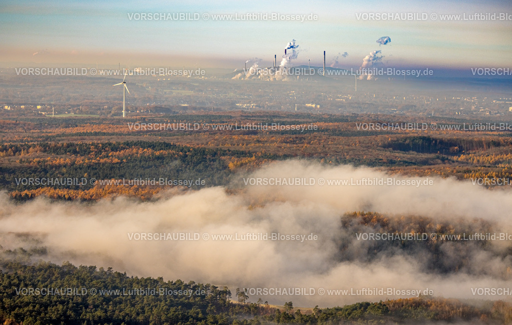 Oer-Erkenschwick231104074 | Luftbild, Nebelschwaden über dem Herbstwald Die Haard, dampfende Schornsteine und Rauchwolken der Kühltürme am Kraftwerk, Fernsicht mit Himmel, umgeben von herbstlichen Laubbäumen, Oer-Erkenschwick, Ruhrgebiet, Münsterland, Nordrhein-Westfalen, Deutschland