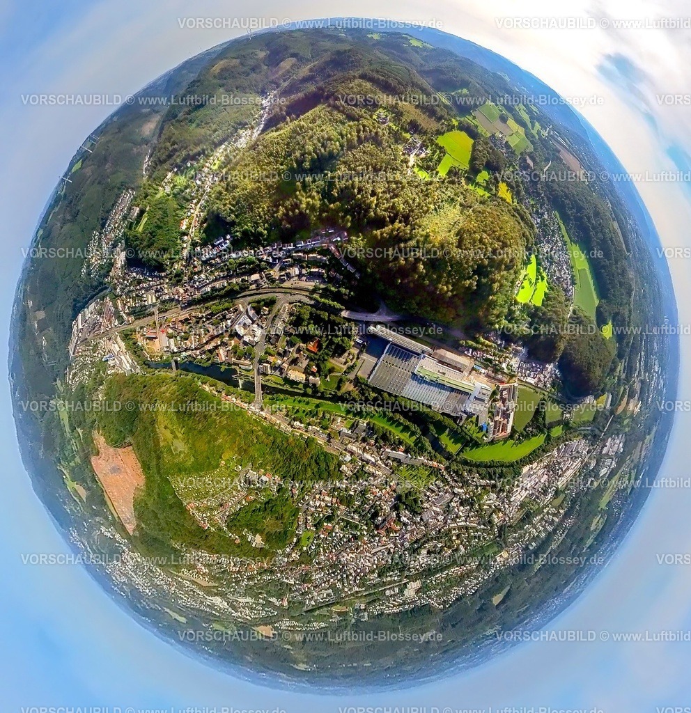 Hagen230990018Hohenlimburg | Luftbild, Gewerbegebiet mit BILSTEIN Group, Waldgebiet Raffenberg und Fluss Lenne, Erdkugel, Fisheye Aufnahme, Fischaugen Aufnahme, 360 Grad Aufnahme, tiny world, Hohenlimburg, Hagen, Ruhrgebiet, Nordrhein-Westfalen, Deutschland