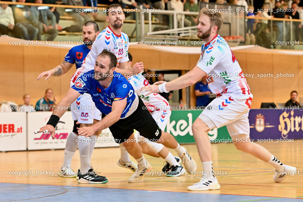 SC Ferlach vs. HC FIVERS WAT Margareten | #55 MARTINOVIC Marin HC FIVERS WAT Margareten, #57 LEBAN Patrik SC Ferlach, #45f#SC Ferlach vs. HC FIVERS WAT Margareten, SC Ferlach vs. HC FIVERS WAT Margareten am 02.11.2024 in Ferlach (Ballspielhalle Ferlach), Austria, (Photo by Bernd Stefan)