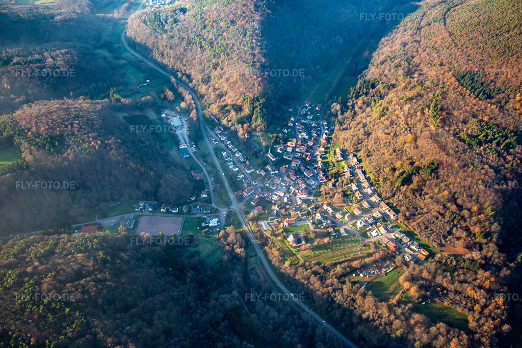 Luftbild: Ortsansicht von Südosten in Waldhambach im Bundesland Rheinland-Pfalz in Deutschland. Foto: IMG_135338.jpg vom 12.12.2022 durch Werner Riehm/FLY-FOTO.de