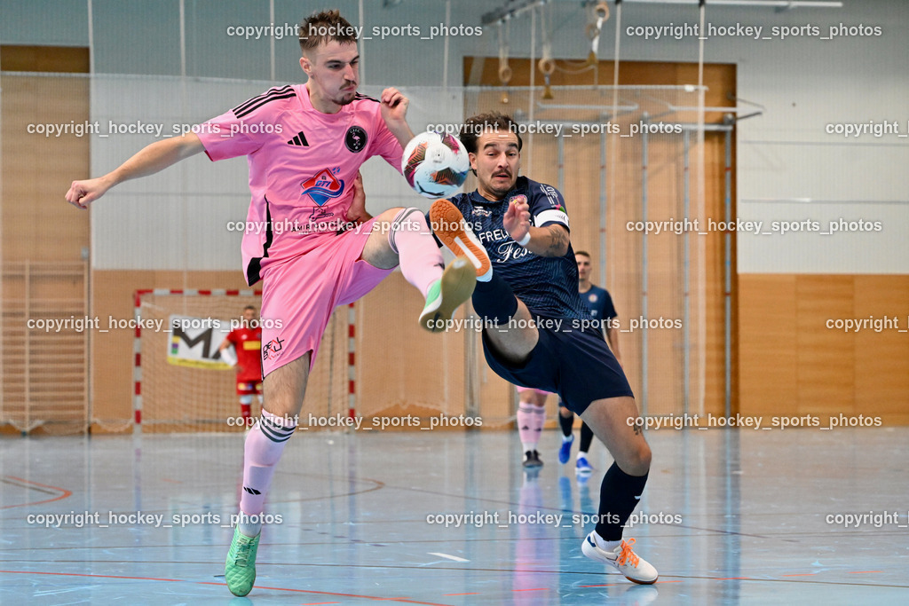 Carinthia Flamengo Futsal Club vs. LPSV-K | #2 Faris Buljubasic Carinthia Flamengo, #3 Nemanja Lukic LPSV-K, Carinthia Flamengo Futsal Club vs. LPSV-K, Carinthia Flamengo Futsal Club vs. LPSV-K am 03.11.2024 in Klagenfurt (Ballspielhalle Viktring), Austria, (Photo by Bernd Stefan)