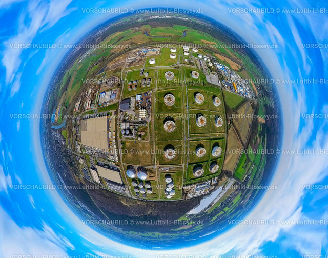 Huenxe240390038GewerbegebietTanklager | Luftbild, TanQuid GmbH & Co.KG Tanklager Hünxe, hinten das Gewerbegebiet Industrie- und Gewerbepark (IGP Hünxe) Bucholtwelmen-West, Erdkugel, Fisheye Aufnahme, Fischaugen Aufnahme, 360 Grad Aufnahme, tiny world, little planet, fisheye Bild, Bucholtwelmen, Hünxe, Nordrhein-Westfalen, Deutschland