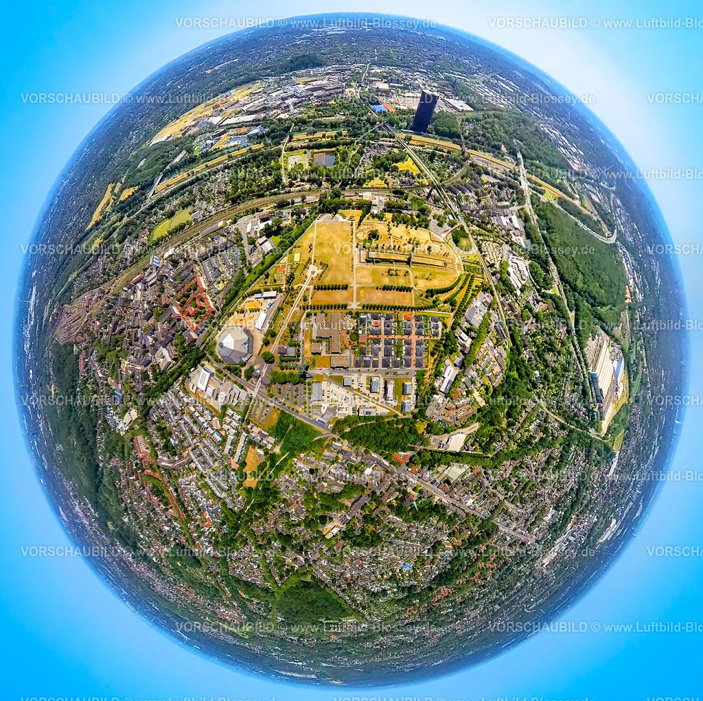 Oberhausen230790153_OLGA Park | Luftbild, Olga Park am Westfield Centro Oberhausen, Neue Mitte, Erdkugel, Fisheye Aufnahme, Fischaugen Aufnahme, 360 Grad Aufnahme, tiny world, Osterfeld, Oberhausen, Ruhrgebiet, Nordrhein-Westfalen, Deutschland