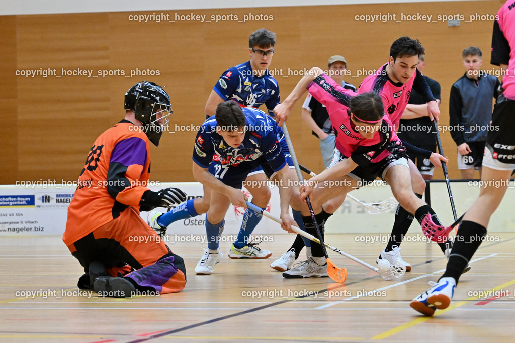 VSV Unihockey vs. Wiener Floorballferein 6.4.2024 | #80 Bernhard Bezucha Wiener Floorballverein, #27 Lukas Floriantschitz VSV Unihockey, #16 Manuel Flaschberger VSV Unihockey, #3 Jesse Laukkanen Wiener Floorballverein, VSV Unihockey vs. Wiener Floorballferein 6.4.2024, VSV Unihockey vs. Wiener Floorballferein  am 06.04.2024 in Villach (Ballspielhalle St. Martin), Austria, (Photo by Bernd Stefan)
