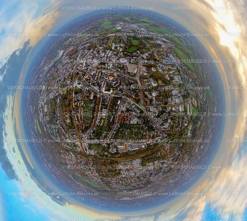 Bochum231190091WattenscheidMitte-topaz | Luftbild, Wohngebiet und Ortsansicht Wattenscheid Mitte Zentrum Lyrenstraße und Marienstraße, Erdkugel, Fisheye Aufnahme, Fischaugen Aufnahme, 360 Grad Aufnahme, tiny world, little planet, fisheye Bild, Wattenscheid, Bochum, Ruhrgebiet, Nordrhein-Westfalen, Deutschland