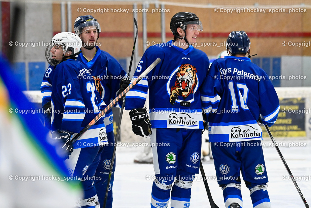 EC Tigers Paternion vs. EC Virgen 12.2.2023 | Jubel EC Paternion Mannschaft, #10 Ortner Philipp, #5 Zauchner Daniel, #22 Neuschitzer Nino, #8 Ortner Sandro