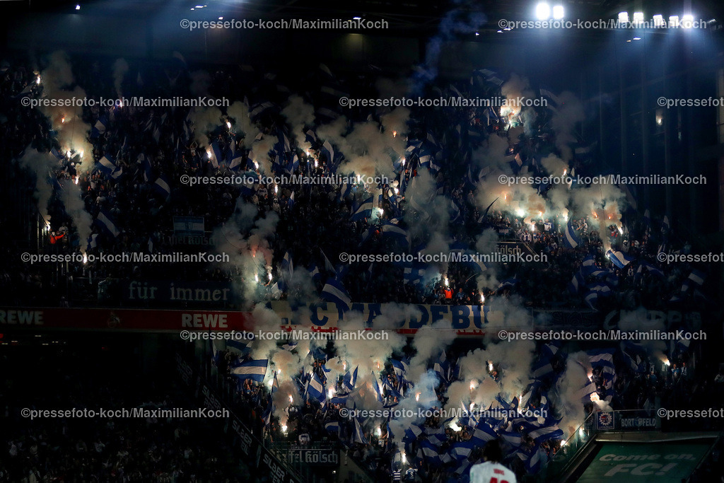 Koe14092402142 | 14.09.2024, 2. Fußball Bundesliga, 1. FC Köln - 1. FC Magdeburg, RheinEnergieSTADION, Saison 2024 2025: Ultras im Magdeburger Gästeblock zünden bengalisches Feuer Feuerwerkskörper Bengalos Blinker Rauchtöpfe Fans Zuschauer BesucherDFB regulations prohibit any use of photographs as image sequences and or quasi-video.