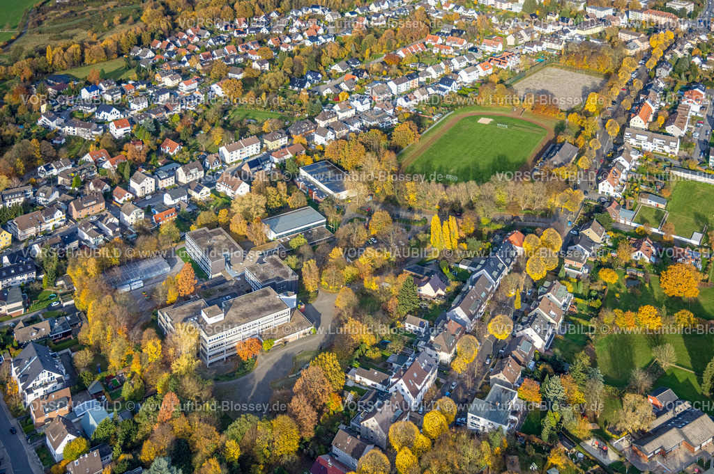 Hagen251102694 | Luftbild, Heinrich-Heine-Realschule und Geschwister-Scholl-Schule mit Sportplatz Kampfbahn Boelerheide, herbstliche Bäume, Boele, Hagen, Ruhrgebiet, Nordrhein-Westfalen, Deutschland