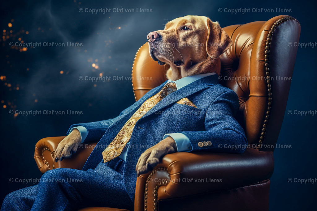 Retriever im Anzug | brauner Retriever chillt im Sessel