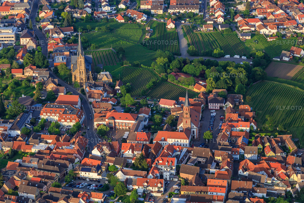 Luftbild: Zwei Kirchen und Weinberge im Ort in Edenkoben im Bundesland Rheinland-Pfalz in Deutschland. Foto: IMG_107439.jpg vom 25.05.2018 durch Werner Riehm/FLY-FOTO.de