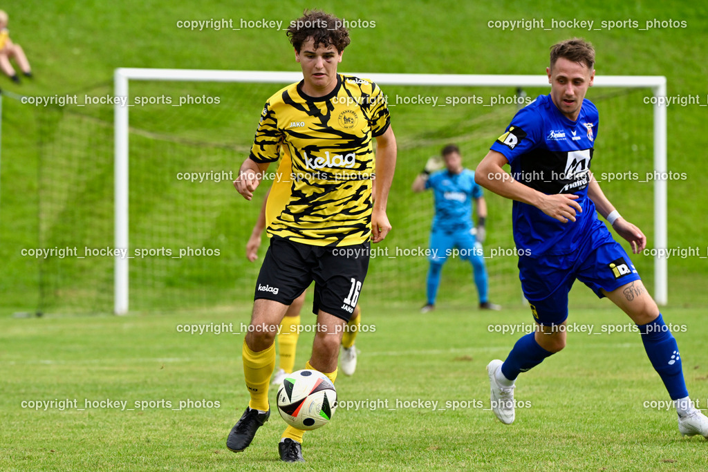 FC Faakersee vs. Union Matrei | #16 Tobias Felix Waldner FC Faakersee, #20 Luca Ronacher Matrei, FC Faakersee vs. Union Matrei, FC Faakersee vs. Union Matrei am 18.08.2024 in Finkenstein (Sportplatz Faakersee), Austria, (Photo by Bernd Stefan)