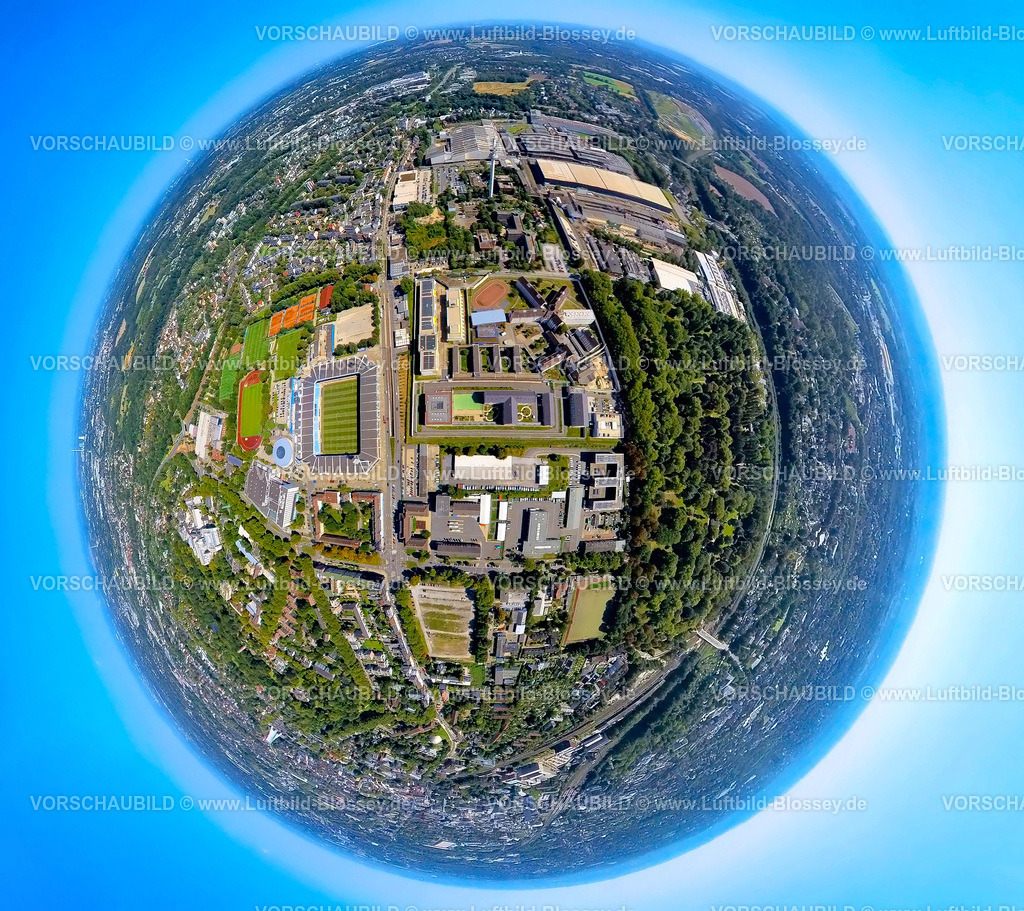 Bochum240890851Kruemmede-JVA_VenoviaRuhrstadion | Luftbild, JVA Justizvollzugsanstalt Krümmede Bochum, Vonovia Ruhrstadion Bundesligastadion des VFL Bochum 1848, Fußballstadion und Trainingsplätze mit Rundsporthalle an der Castroper Straße, Starlight Express Halle, Erdkugel, Fisheye Aufnahme, Fischaugen Aufnahme, 360 Grad Aufnahme, tiny world, little planet, fisheye Bild, Grumme, Bochum, Ruhrgebiet, Nordrhein-Westfalen, Deutschland