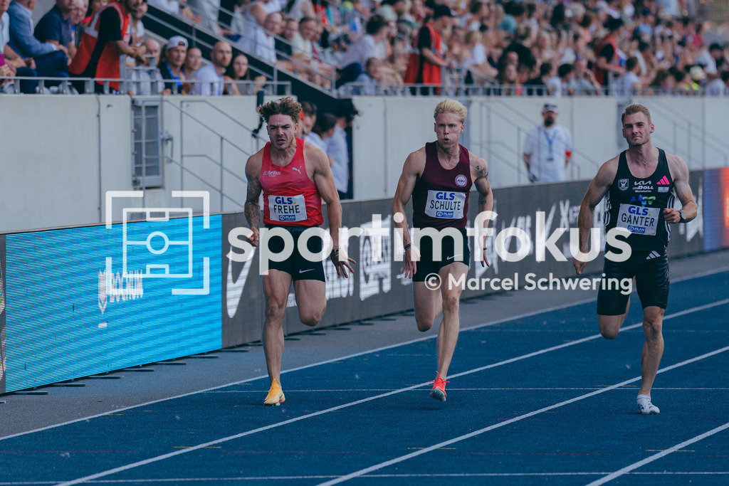 Deutsche Meisterschaften der Frauen und Männer 2026 | Jan Eric Frehe, LG Brillux Münster, Marvin Schulte, ASV Köln e. V., Robin Ganter, MTG Mannheim, 100-Meter-Lauf, Finale, Deutsche Meisterschaften der Frauen und Männer 2026, Lohrheidestadion Bochum-Wattenscheid, 25.07.2026. Foto: Marcel Schwering / sportimfokus - Realisiert mit Pictrs.com