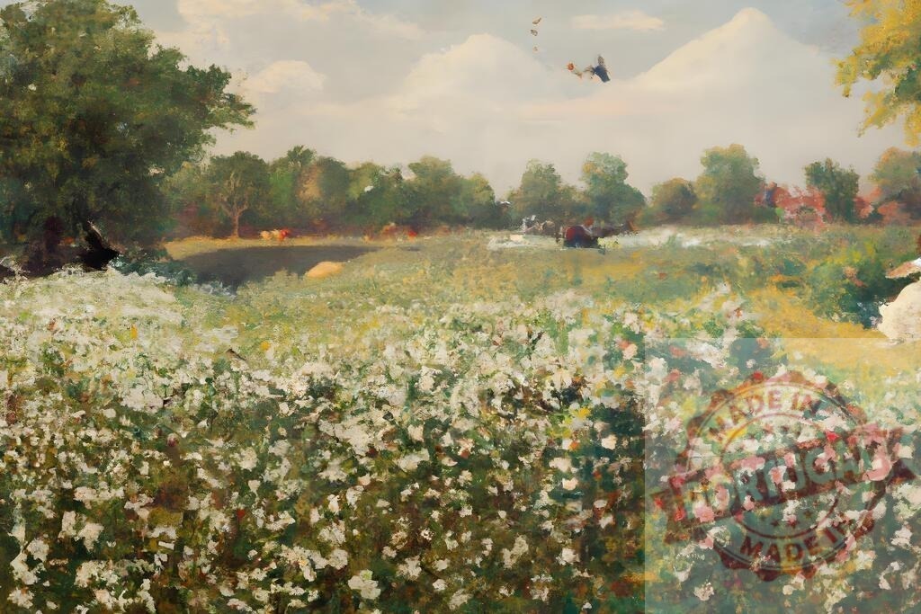 Dreaming of flight over a blooming rural landscape | Impressionistic painting depicting a field of white flowers with a person flying, creating surreal pastoral scene - Realized with Pictrs.com