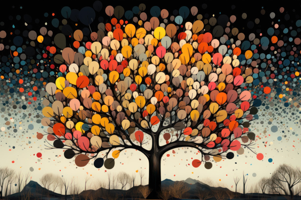 2308030 - Bunter Baum Illustration | Bestellen Sie diese digitale Illustration eines bunten Baumes als hochwertigen Kunstdruck auf Leinwand, Acrylglas, Alu-Dibond oder als Poster. Das Bild wurde digital erstellt und hat die Anmutung eines Gemäldes.