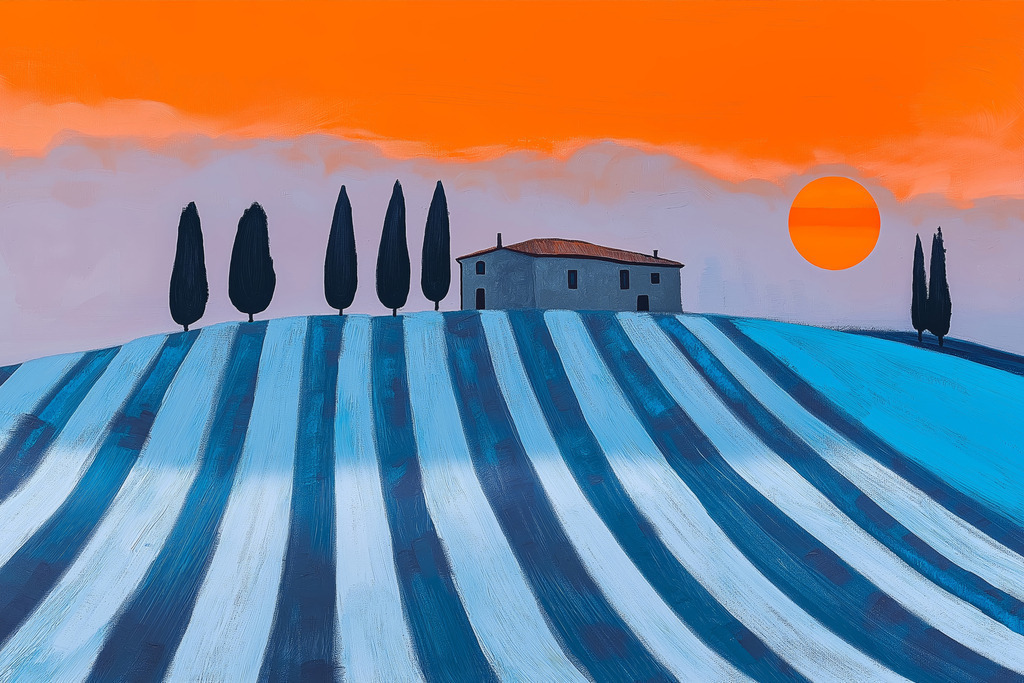 2506005 - Rote Abendsonne in der Toskana | Eine stilisierte Hügellandschaft mit markantem Streifenmuster, einem Haus im Zentrum und aufragenden Zypressen – eingefangen in kräftigen Farbflächen zwischen Orange, Blau und Violett.   