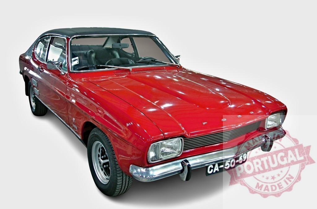 Red Ford Capri shining in studio setting | Classic Ford Capri car in vibrant red color, gleaming under studio lights, showcasing its vintage design - Realized with Pictrs.com