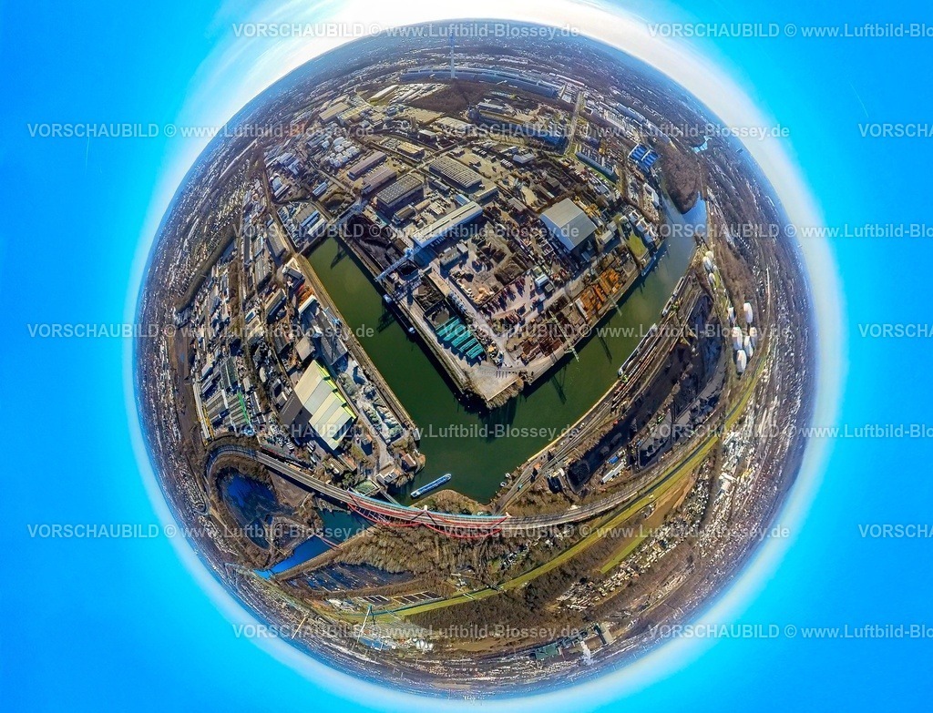Essen240190197StadthafenEssen | Luftbild, Stadthafen Essen und gesperrte Rhein-Herne-Kanalbrücke mit rotem Geländer, Autobahn A42 Emscherschnellweg, Infrastruktur, Doppelbogenbrücke an der Stadtgrenze Bottrop, Sturmhof Kohlehafen, Erdkugel, Fisheye Aufnahme, Fischaugen Aufnahme, 360 Grad Aufnahme, tiny world, little planet, fisheye Bild, Bergeborbeck, Essen, Ruhrgebiet, Nordrhein-Westfalen, Deutschland