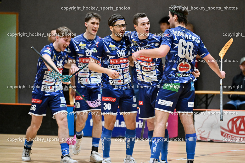 KAC Floorball vs. VSV Unihockey | #20 David Gredler VSV Unihockey, #30 Christoph Steiner VSV Unihockey, #66 Jakob Rainer VSV Unihockey, #19 Philipp Seiser VSV Unihockey, Jubel VSV Unihockey, #60 Thomas Unterweger VSV Unihockey, #19 Philipp Seiser VSV Unihockey, KAC Floorball vs. VSV Unihockey, KAC Floorball vs. VSV Unihockey am 21.03.2026 in Klagenfurt (Ballspielhalle Waidmannsdorf), Austria, (Photo by Bernd Stefan)