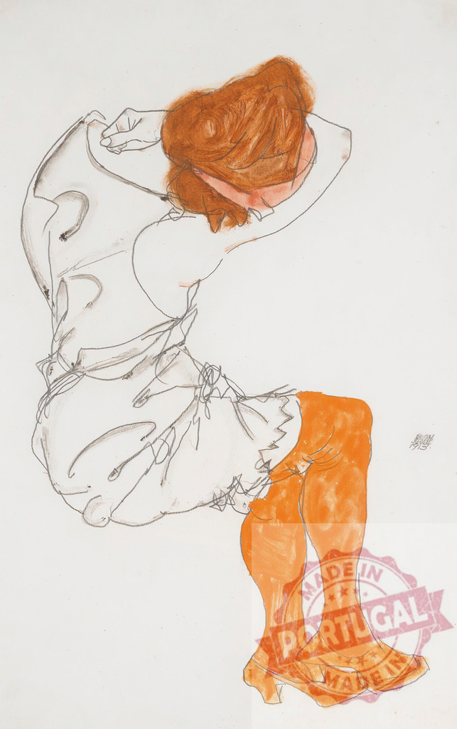 Egon Schiele Egon Schiele drawing of a woman in orange stockings | Egon Schiele drawing of a woman with red hair and orange stockings arranging her hair - Realisiert mit Pictrs.com