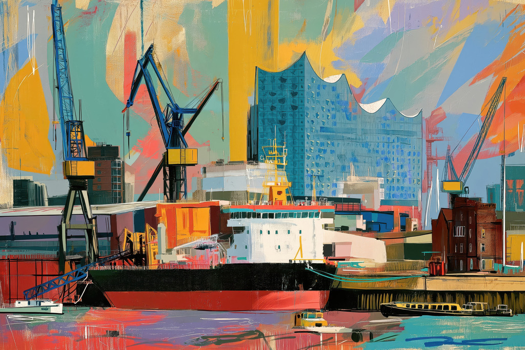 10260912 - Elbphilharmonie und Hafen | Hamburger Hafen Motiv im Stil eines modernen Gemäldes. Jetzt als Wandbild oder Poster über "Bestellen" konfigurieren.
