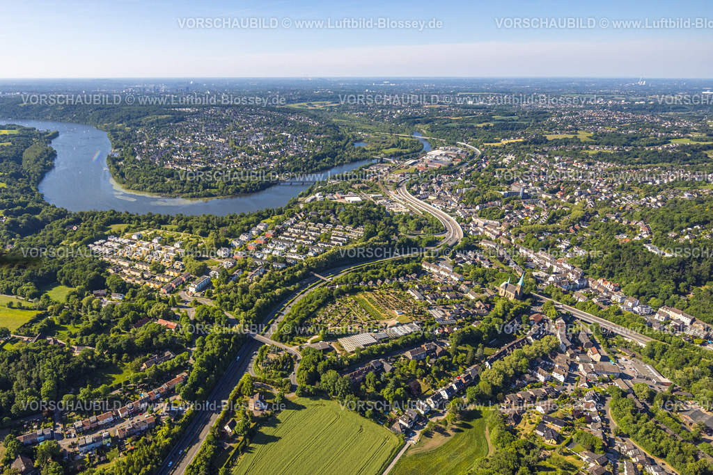 Essen250509190Kupferdreh | Luftbild, Ortsteil Kupferdreh und Autobahn A44, Ruhrschleife Heisinger Bogen Vogelschutzgebiet, Ortsansicht Heisingen, Essen, Ruhrgebiet, Nordrhein-Westfalen, Deutschland