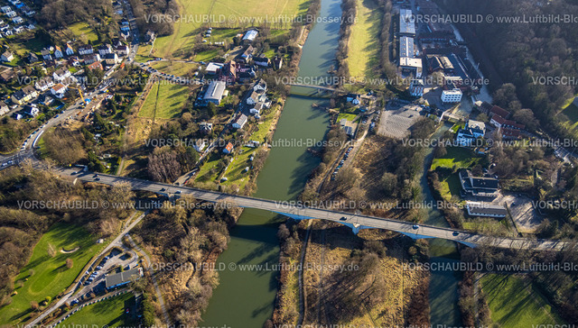 Witten240103035 | Luftbild, Ruhrbrücke Herbede über den Fluss Ruhr, Lakebrücke Fußgängerbrücke und Zollhaus Gastronomie, Sonnenschein Brennerei, Ostherbede, Witten, Ruhrgebiet, Nordrhein-Westfalen, Deutschland