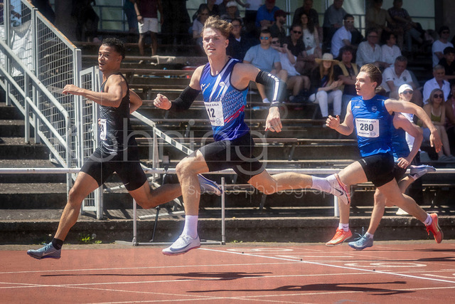 B&amp;S Kurpfalz Gala; Weinheim, 23.05.2026 | WEINHEIM, GERMANY - MAY 24: Tyrese Stewart (GER/TSV Amicitia Viernheim 1906/09), Adrian Fliedner (GER/VfL Altenstadt) and Linor Seciri (GER/TV Mühlacker) over 100m during the B&amp;S Kurpfalz Gala am 23.05.2026 at the  Sepp-Herberger-Stadium in Weinheim (Baden-Wuerttemberg / Germany).