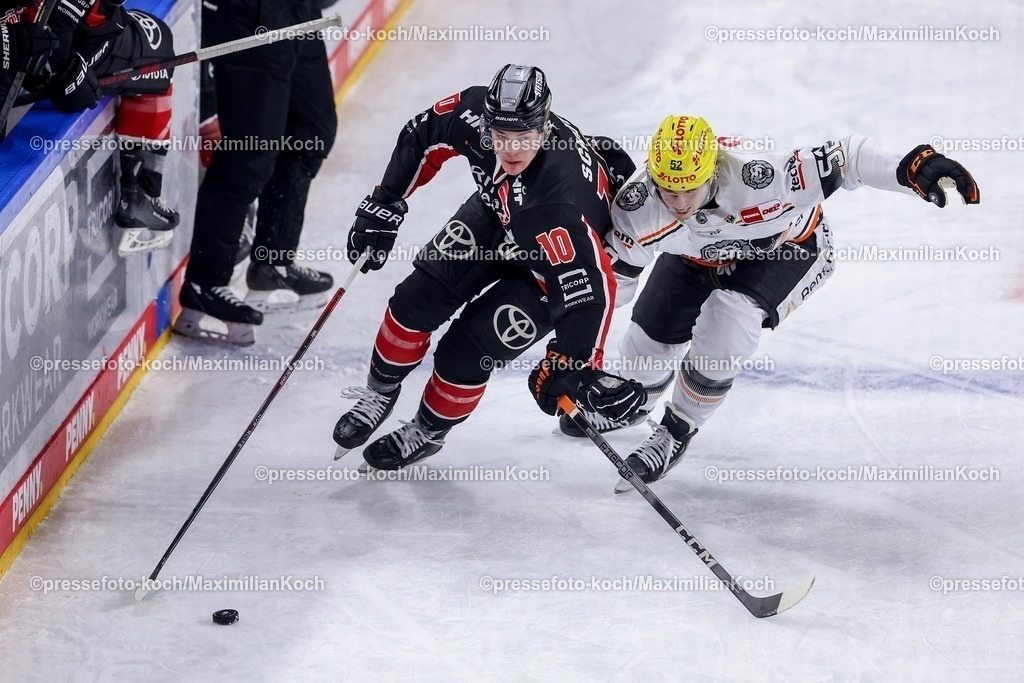 Koe30122401027 | 30.12.2024, Eishockey, Penny DEL, Kölner Haie - Löwen Frankfurt, Spieltag 32, Lanxess-Arena Köln: Justin Schütz (Kölner Haie #10) gegen Maksim Matushkin (FRA #52)