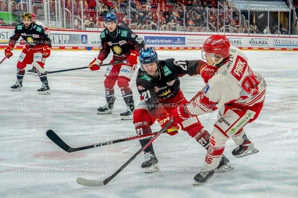 xKKUx13032601044 | 13.03.2026, xkkux, Eishockey, DEL2 Pre-Playoffs, Herren, Saison 2025 / 2026, Düsseldorfer EG - EV Landshut, PSD Bank Dome Düsseldorf: Emil Quaas (DEG #21) im Zweikampf gegen  Seonwoo Park (EV Landshut #96) 