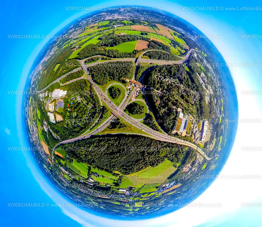 Sprockhoevel240890641Hasslinghausen_A1_A43_A46 | Luftbild, Autobahnkreuz Wuppertal-Nord, Autobahn A1 und A43 und A46, Neubau der Brücke Eichenhofer Weg, Wiesen und Felder, Erdkugel, Fisheye Aufnahme, Fischaugen Aufnahme, 360 Grad Aufnahme, tiny world, little planet, fisheye Bild, Halloh, Sprockhövel, Ruhrgebiet, Nordrhein-Westfalen, Deutschland