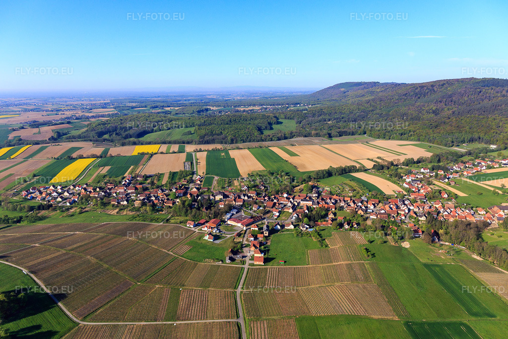 Vue aérienne: Vue de la ville depuis le nord avec l'Église de Cleebourg à Cleebourg dans le département Bas Rhin, France – .Photo: IMG_099309.jpg prise le 30/04/2017 par Werner Riehm/FLY-FOTO.eu – Résolution de l'original: 5472 x 3648 px