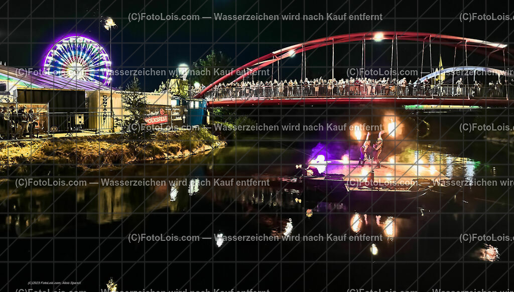 0549_Luftbild_VOLKSFEST-Wlbg_InselFeuer-Show | (C)FotoLois.com, Alois Spandl, Luftbild, Wieselburger VOLKSFEST neu, Feuershow auf der Erlaufinsel unter den Brücken, Do 29. Juni 2023.