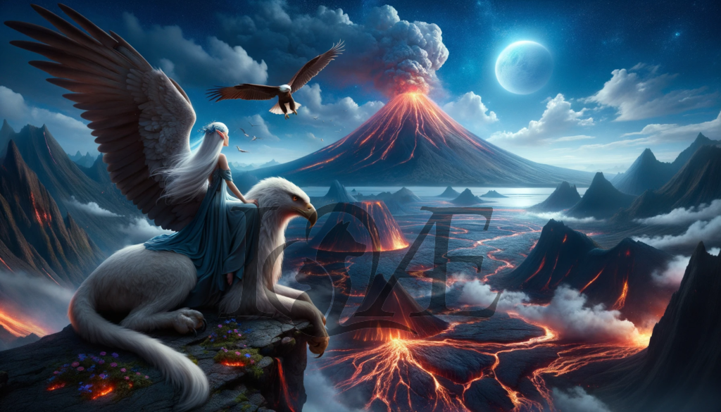 DALL_E 2023-10-06 16.37.10 - Photorealistic scene where the elven lady is seated on the griffin_ overlooking a vast volcanic terrain. The erupting volcano dominates the horizon_ w | psy4fly - Realisiert mit Pictrs.com