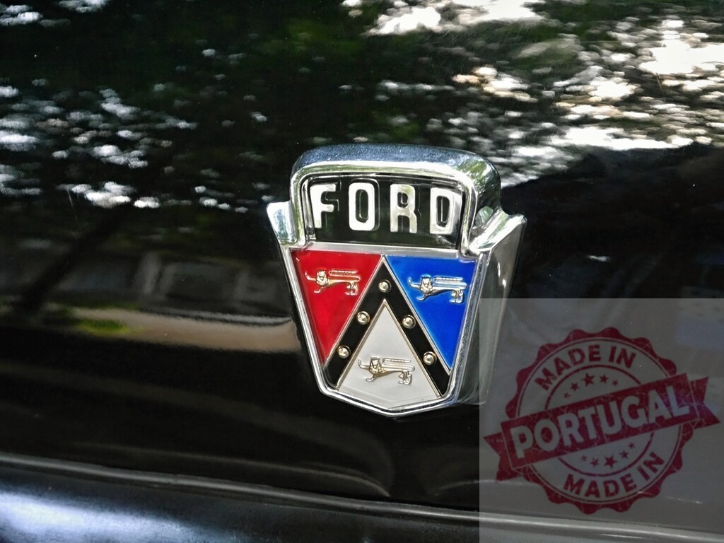 Ford F-100 classic vintage chrome truck emblem | Ford F-100 vintage chrome emblem on a classic black truck body - Realisiert mit Pictrs.com